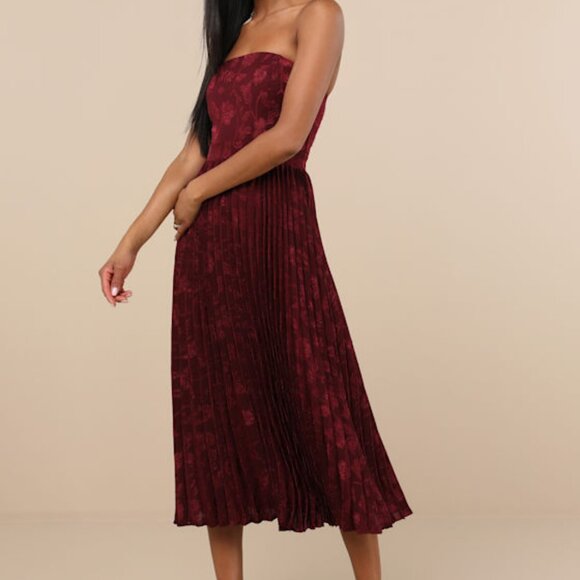 Lulus Perfectly Stunning Burgundy Jacquard Strapless Midi Dress Red - Size M - Picture 1 of 1
